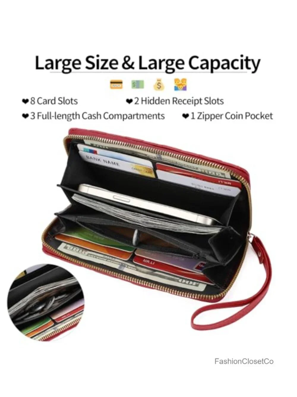 Large Capacity Quilted Faux Leather Wristlet Wallet with Zip Around Closure